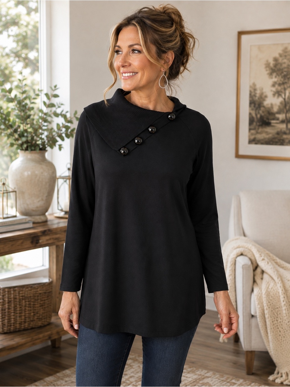 Jeanne Pierre Black Tunic Top Asymmetrical Button Collar Long Sleeve M